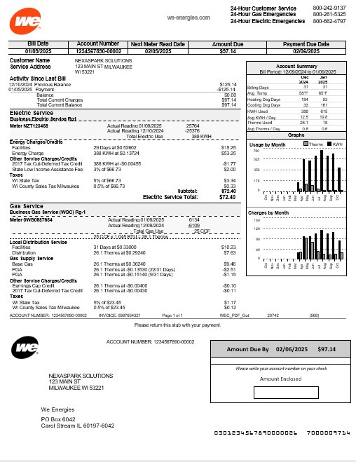 USA Wisconsin We Energies electricity business utility bill template in Word and PDF formats